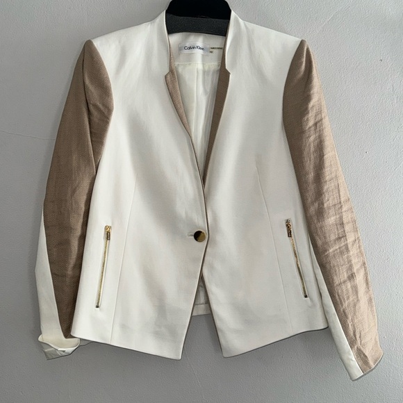 CALVIN Klein ecru tan blazer linen blend jacket gold hardware neutral  size 10 - Picture 1 of 9